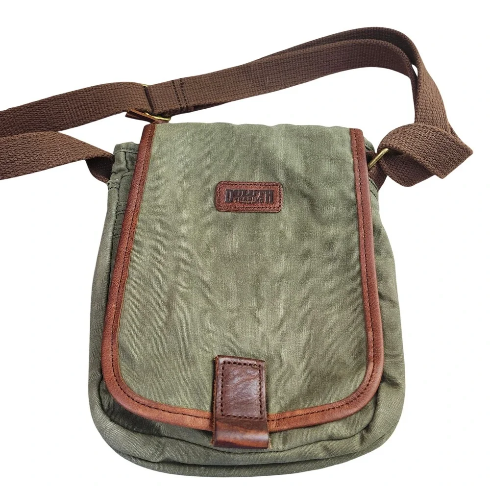 Duluth Trading Co Olive Green Canvas Leather Trim Field Messenger Crossbody Bag